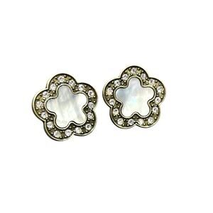 Heidi Daus Vintage‎ Omega Clip Mother of Pearl Pierced Halo Clover Earrings